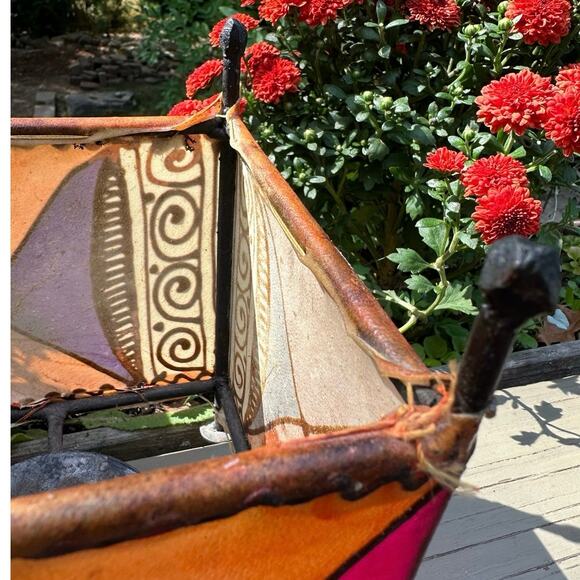 Candle holder Vintage Stretched Skin Square Painted ethnic tribal metal pink 7” - Picture 9 of 14